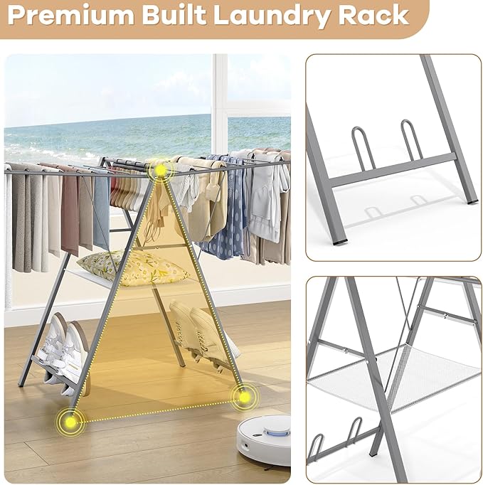 APEXCHASER Clothes Drying Rack Foldable, Metal Laundry Drying Rack Collapsible, Portable Compact Clothes Rack for Sweater Baby Clothes Towel Indoor & Outdoor, Height Adjustable Clothes Airer, Grey-Ruum Studio Home