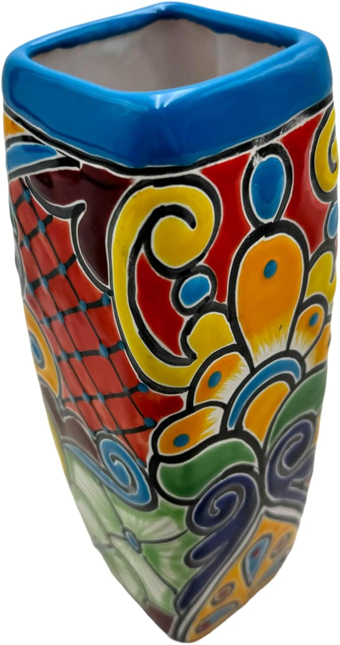 Talavera Planter Pot Square Vase Folk Art Mexican Pottery Handmade Hand Painted Home Decor Indoor Multicolor Outdoor 9.25" (Turquoise Multi)-Ruum Studio Home