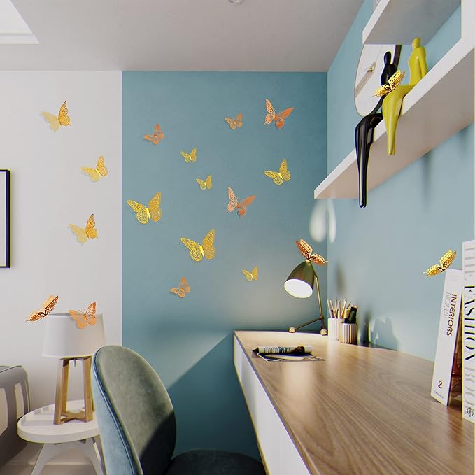 SAOROPEB 3D Butterfly Wall Decor, 48 Pcs 4 Styles 2 Color 3 Sizes, Removable Metallic Wall Sticker Room Mural Decals for Kids Bedroom Nursery Classroom Party Decoration (2 Color)-Ruum Studio Home