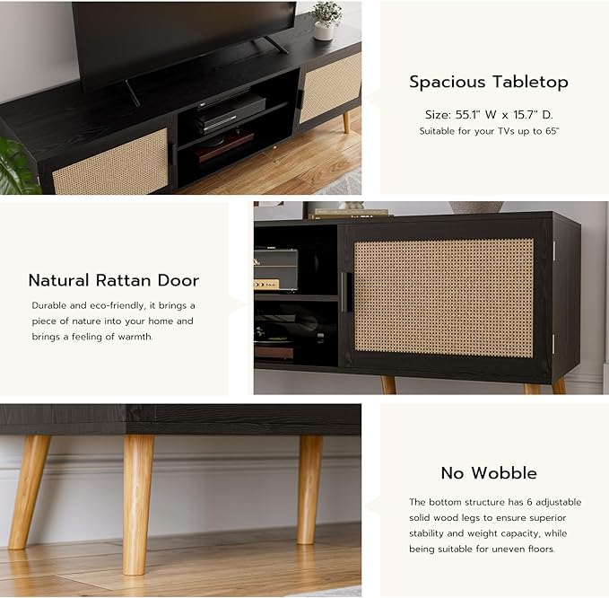 TV Stand for TVs up to 65'', Entertainment Center with Rattan Door, Shelves & 2 Cabinets, Boho Media TV Console for Living Room, Bedroom, Black-Ruum Studio Home
