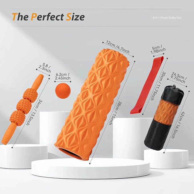 5 in1 Foam Roller Set, Trigger Point Foam Roller, Massage Roller Stick, Massage Ball, Resistance Band for Deep Muscle Massage Pilates Yoga,Fitness Exercise for Whole Body (Pure Orange)-Ruum Studio Home