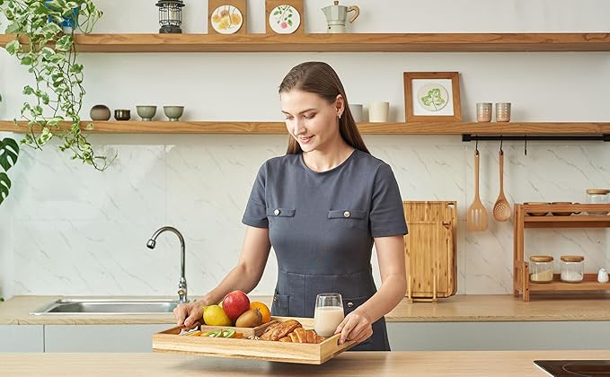 Koppen Acacia Wood Serving Tray with Handles, 17" x 13.86", Large Wooden Platter for Breakfast, Ottoman Tray for Party, Snacks, Fruit, Coffee Table, Living Room, Sofa, Bed, Outdoor-Ruum Studio Home