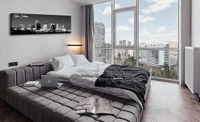 DJSYLIFE New Orlean Canvas Wall Art Decor City Skyline Pictures Poster Artwork Black and White Panorama Cityscape Painting for Bedroom Office Living Room Decoration Ready to Hang 13.8"X47.3"-Ruum Studio Home