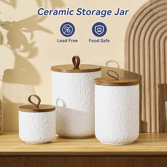 Kitchen Canisters for Countertop, Ceramic Coffee Canisters with Airtight Lids Food Storage Jars Sugar Container for Kitchen Counter Tea, Coffee Beans, Spice (#001White-Set of 3)-Ruum Studio Home