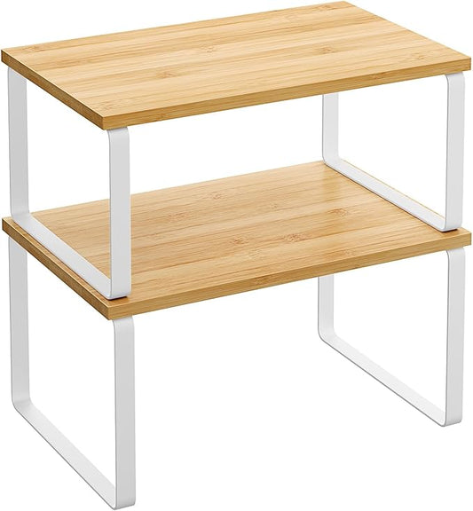 SONGMICS Cabinet Organizer Shelf, Set of 2 Kitchen Counter Shelves, Kitchen Storage, Spice Rack, Stackable, Expandable, Metal and Engineered Wood, Cloud White and Natural Beige UKCS02NW-Ruum Studio Home