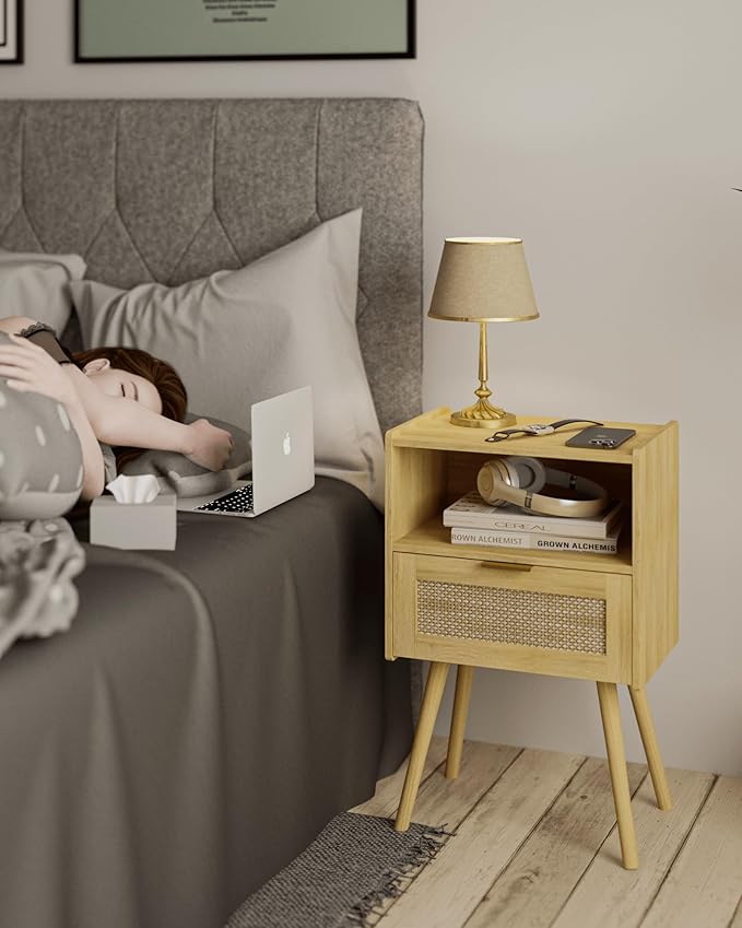 Rattan Nightstand,Modern Bedside Table with Storage Drawer and Open Wood Shelf, for Living Room, Bedroom and Small Spaces, Accent Night Stand with Solid Wood Legs, Easy Assembly,(Oak)-Ruum Studio Home