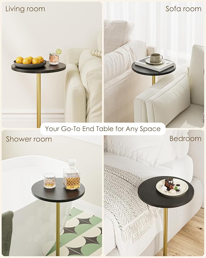 Masupu Drink Table, Round Side Table for Small Spaces, Pedestal Side Table, Small End Table with Metal Base, for Living Room, Bedroom, Bathroom, Black Gold-Ruum Studio Home