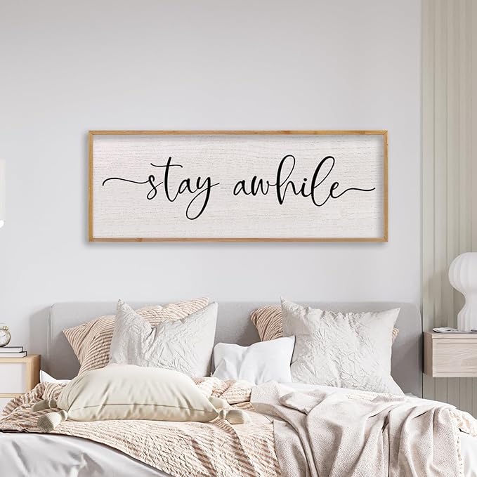 LuZhiQiang Stay Awhile Home Sign Wall Decor 40"X15" Large Solid Wood Frame For Hallway Living Room Entryway Wall Art Hanging (Wood)-Ruum Studio Home