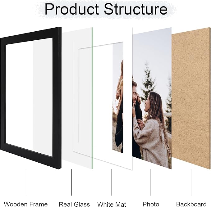 10x14 Picture Frame Set of 4, 10 x 14 Wood Photo Frames with Mat for 8x12 or 30x40cm Diamond Painting Art, Wooden Frame with Real Glass Cover for Wall and Tabletop Display,Black-Ruum Studio Home