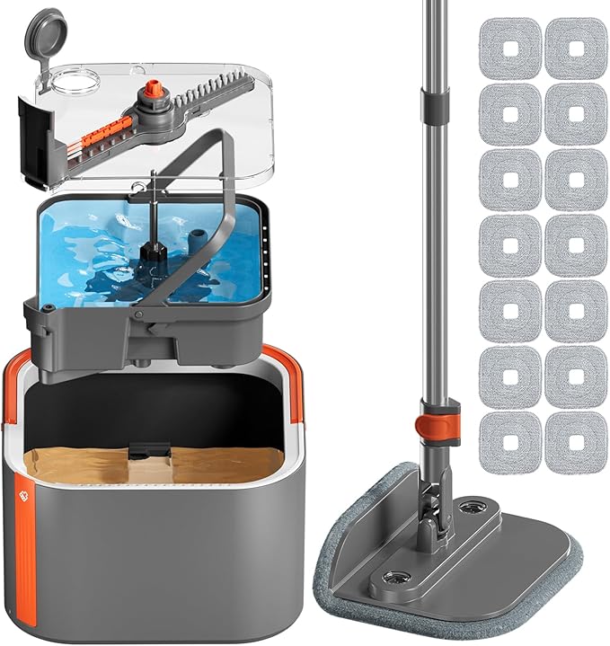 Upgraded Spin Mop and Bucket Self-Standing Mop Bucket Separate Dirty and Clean Water System Self Wringing 360° Rotating Clean Mop and Bucket Set (Drak Gray, 14Pads Mop and Bucket Set)-Ruum Studio Home