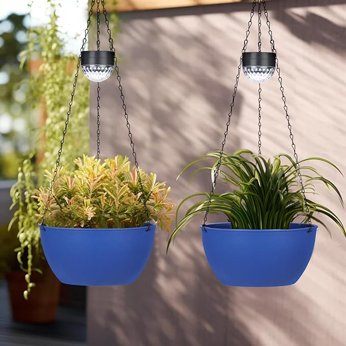 2 Packs Solar Hanging Basket Planters for Plants Outdoor, Self Watering Blue Flower Plants Pots with Solar Light Drainer for Balcony Patio Garden Outdoor Decoration-Ruum Studio Home