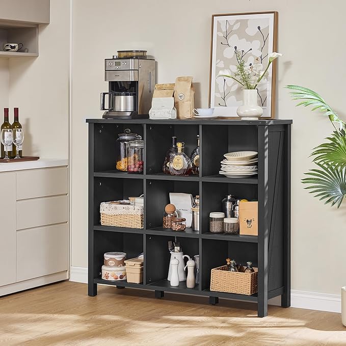 9 Cube Bookcase, Farmhouse 47 Inch Wide Black Bookshelf, Wooden 3 Tier Display Large Open Book Shelf, Vintage Horizontal Book Case for Home Office, Cubby Storage Cabinet for Living Room-Ruum Studio Home