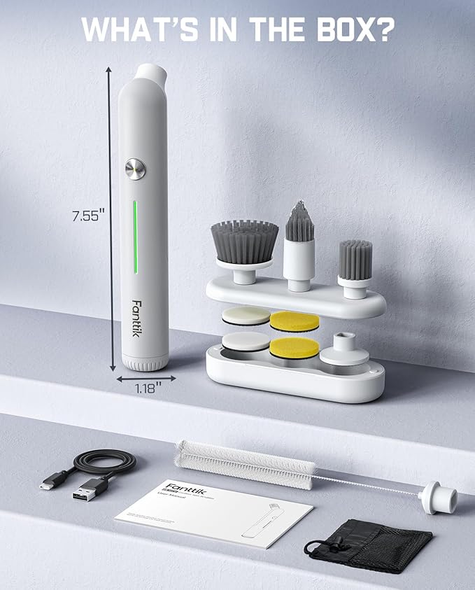 Fanttik G9 Nano Electric Spin Scrubber, Cordless Power Grout Brush, Type-C Fast Charging with LED Power Display, IPX7 Waterproof, 8 Replaceable Heads for Cleaning Grout, Corners, Crevices - White-Ruum Studio Home