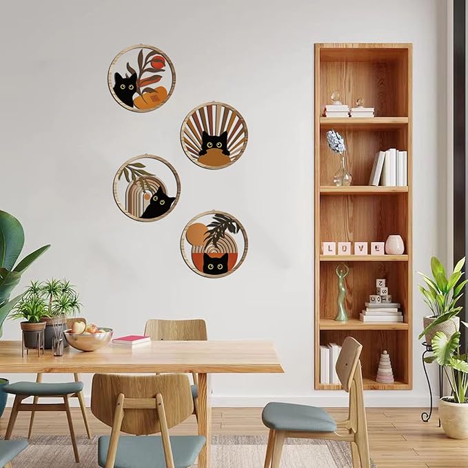 RETRART Boho Black Cat Wall Art Black Cat Room Decor Aesthetic, 4-Piece Farmhouse Geometric Wooden Cat Wall Decor Mid-Century Bohemian Moon Sun Design for Nursery, Bedroom Perfect Cat Lover Gifts-Ruum Studio Home