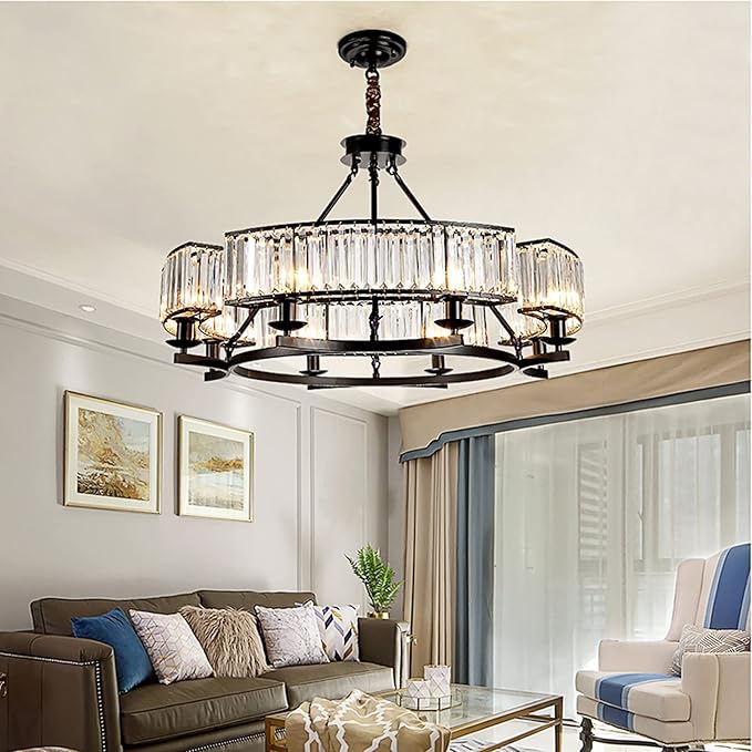 Farmhouse Crytal Chandeliers Dining Room Pendant Light Fixture Black Chandelier with K9 Crystal for Living Room Dining Room Foyer High Ceiling-Ruum Studio Home