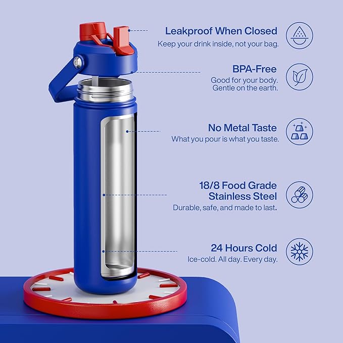 Insulated Water Bottle with Straw Stainless Steel Water Bottle, Leak-Proof, BPA-Free, Double Wall Vacuum Keeps Cold for 24 Hours for Sports, Travel, School (26 oz, Beaucoup Blue)-Ruum Studio Home