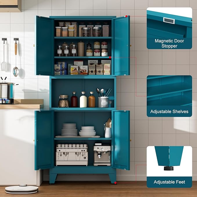 69" Tall Kitchen Pantry Cabinet, Metal Storage Cabinet with 4 Doors and Adjustbale Shelves, Freestanding Cupboards for Dining Room, Living Room, Bathroom-Ruum Studio Home