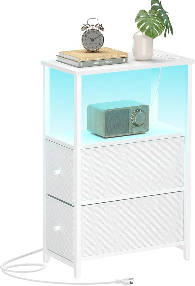 TUTOTAK Small Narrow LED End Table with Charging Station, Side Table Outlets, Nightstand with 2 Cloth Drawers, Couch Table, for Living Room, Bedroom, Bedside, White TB01BW085L-Ruum Studio Home