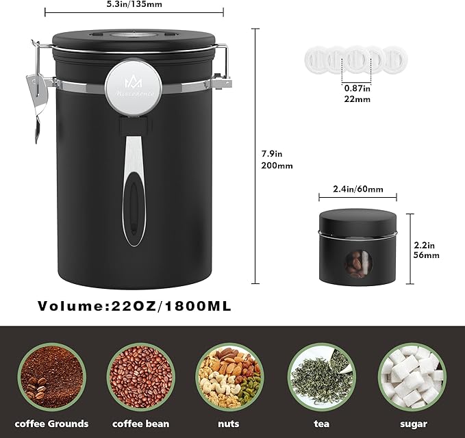 Coffee canister set for ground coffee with Date Tracker Travel Coffee jar,Stainless Steel Kitchen Food Airtight storage container for Coffee Beans or Grounds,Tea,Sugar (22oz-Black)-Ruum Studio Home