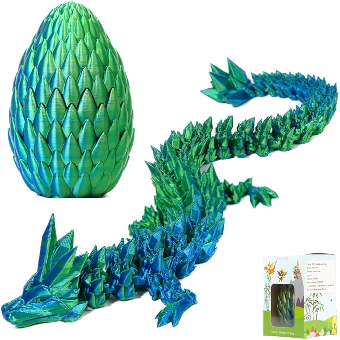 POIVOCF3D Printed 12” Articulated Crystal Dragon Inside 5.1” Egg – Fantasy Collectible, Fidget Toy & Stocking Easter Basket Stuffers for Home & Office Decor (Laser Blue)-Ruum Studio Home