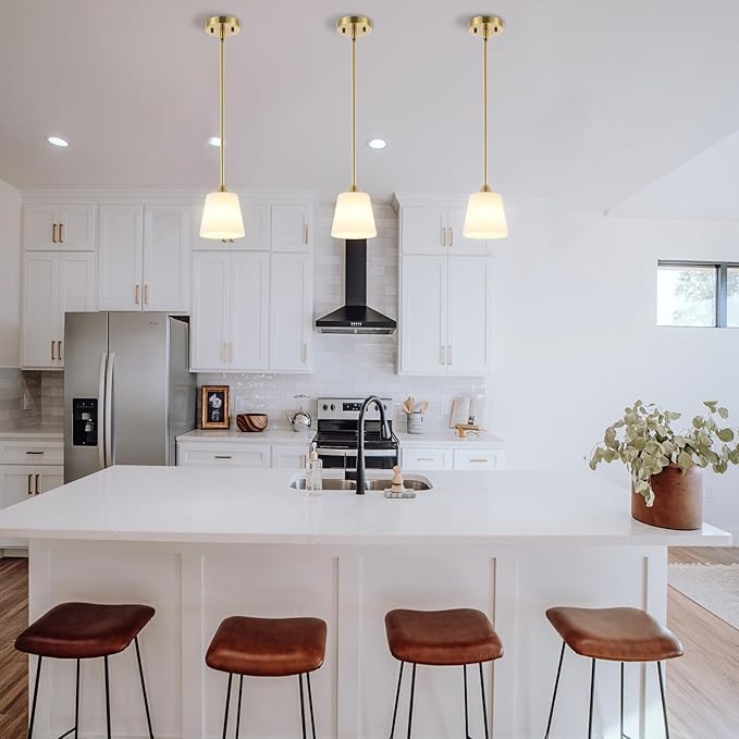 Modern Gold Pendant Light 3 Pack Brushed Brass Mid Century Chandelier White Cylinder Glass Shades Adjustable Rods Farmhouse Ceiling Hanging Lighting Fixture Kitchen Island Dining Room Bedroom-Ruum Studio Home