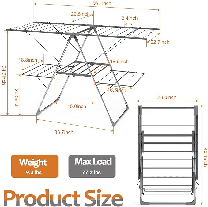 Bigzzia Clothes Drying Rack Foldable, 2-Level Large Laundry Drying Rack Collapsible, Stainless Steel Drying Rack Clothing for Indoor Outdoor, Easy to Fold, 33 Drying Rails, 142cm, Gray-Ruum Studio Home