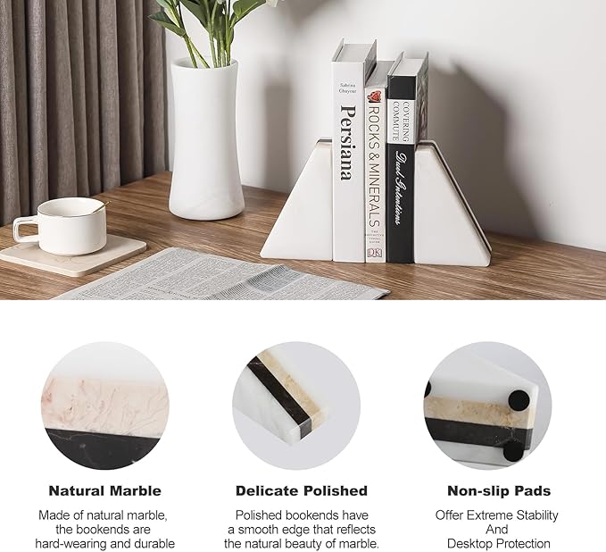 Marble Book Ends, Non-Skid Bookends for Shelves, Composite Bookend with Natural Marble, Heavy Duty Book Stopper, Collected CDs and Oversized Books Organizer, Gold & Black Decorative Bookends-Ruum Studio Home