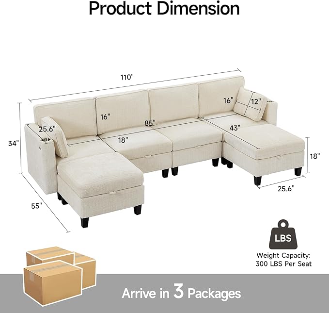 110" Modular Sectional Sofa, Convertible Sleeper Sofa Couch Bed with Adjustable Backrest, U-Shaped Chenille Cloud Couch with Ottoman Storage, Deep Seat Couches for Living Room,Beige-Ruum Studio Home