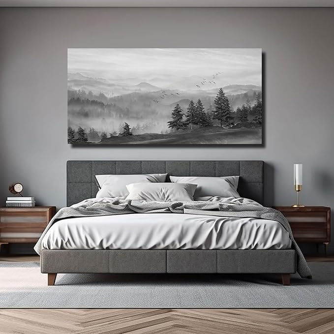 SOUGUAN Grey Pictures Wall Decor Forest Artwork Mountain Canvas Painting Landscape Wall Art Prints for Living Room Bedroom Home Hanging Decor 24x48 Inch-Ruum Studio Home
