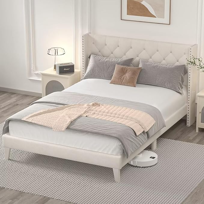 Queen Size Bed Frame with LED Lights, Upholstered Bed Frame with Wingback Diamond Tufted Headboard, Wood Slats Support, Noise-Free, Easy Assembly, No Box Spring Needed, Beige-Ruum Studio Home