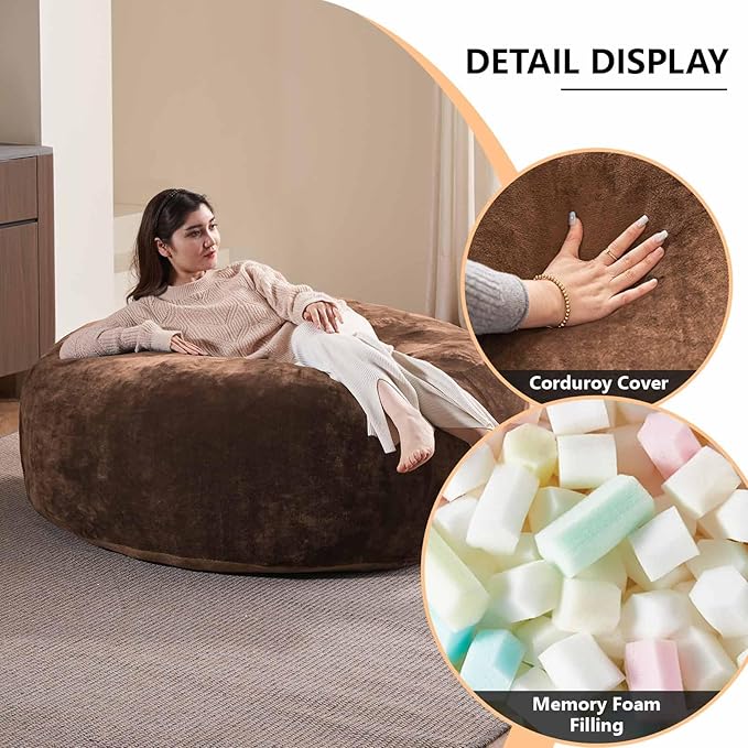 5FT，Big Bean Bag Chairs for Adults，Large beanbag with Filler Included，Memory Foam Material，Easy to Clean and Washable Corduroy Fabric，Suitable for Living Room and Bedroom (Coffee Color, 5 Foot)-Ruum Studio Home