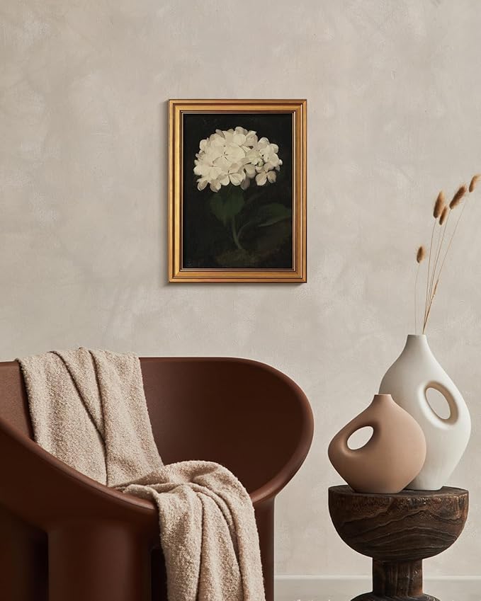 HUARCEY Gold Framed Vintage Wall Art for Living Room, Flowers Painting Canvas Prints Shelf Decor for Kitchen, Aesthetic Bedroom Wall Art, Christmas Gifts for Friends Family (White Hydrangea 12"x16")-Ruum Studio Home