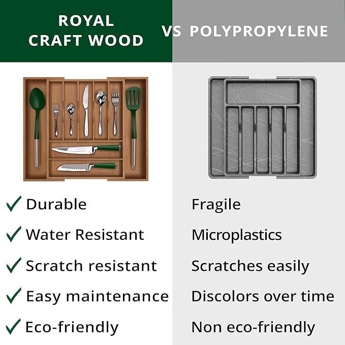 ROYAL CRAFT WOOD Luxury Bamboo Kitchen Drawer Organizer - Silverware Organizer - Utensil Holder and Cutlery Tray with Grooved Drawer Dividers for Flatware and Kitchen Utensils (9 Slot, Brown Bamboo)-Ruum Studio Home