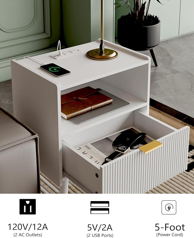 Nightstand,Modern Bedside Table with Storage Drawer and Open Wood Shelf, Accent Night Stand with Solid Wood Legs for Living Room, Bedroom and Small Spaces,Easy Assembly (White-Outlet)-Ruum Studio Home