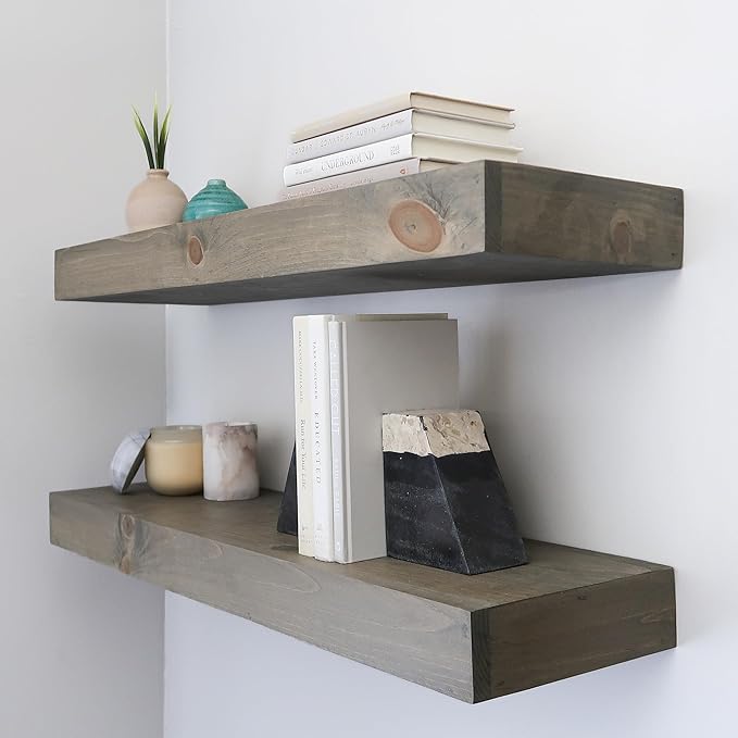 Modern Floating Shelves 3 Inches Thick for Wall, Wide Shelves for Kitchen, Living Room, Bedroom, and Bathroom, Natural Pine Wood, Rustic Wooden Shelf, (Set of 2) (Aged Barrel, 24Lx3Hx8D)-Ruum Studio Home