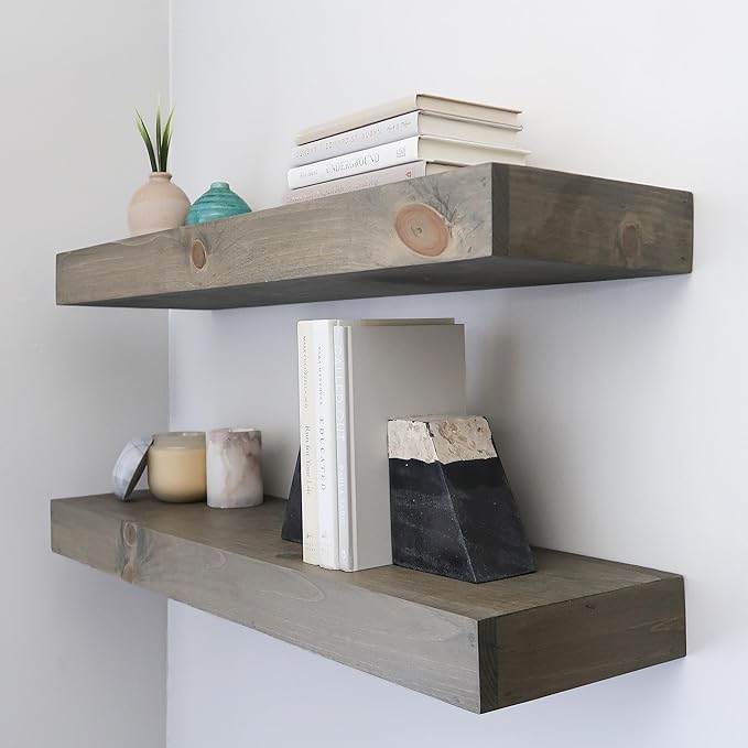 Modern Floating Shelves 3 Inches Thick for Wall, Wide Shelves for Kitchen, Living Room, Bedroom, and Bathroom, Natural Pine Wood, Rustic Wooden Shelf, (Set of 2) (Aged Barrel, 60Lx3Hx8D)-Ruum Studio Home