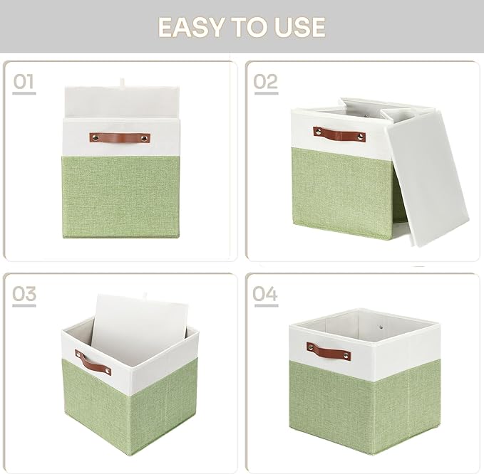 HNZIGE Fabric Storage Cubes for Shelves Set of 4 ,Storage Cubes Baskets 12 x12, Decorative Storage Bins Basket with Handles, Green Baskets for Organizing Home Nursery(Green White)-Ruum Studio Home