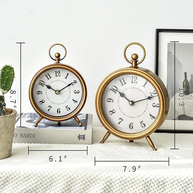 Vintage Small Table Clock on Stand, Decorative Desk and Shelf Clock Farmhouse Mantel Non-Ticking Clock Rustic Metal Frame with Antique Gold Finish 9.3 Inch-Ruum Studio Home