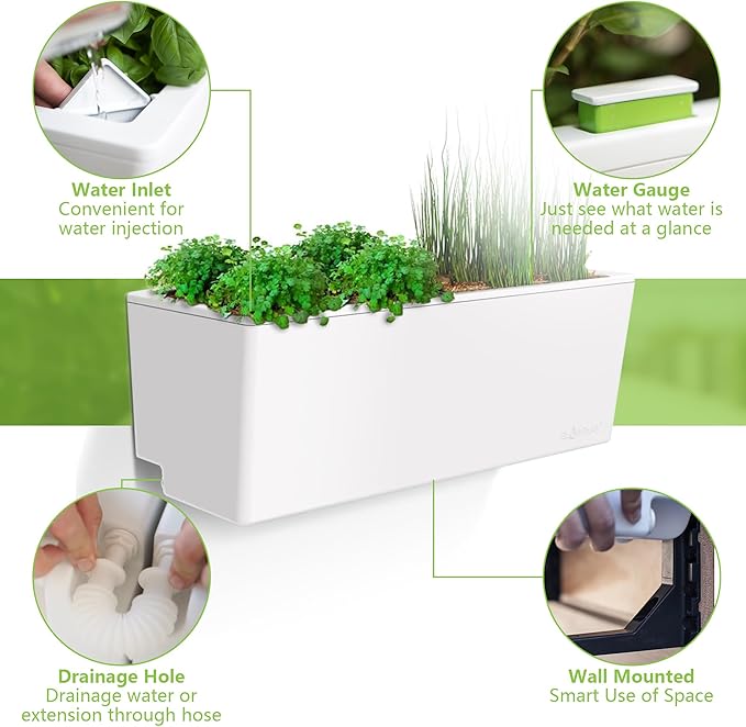 Glowpear Self Watering Planter Box - 23.6", White - UV Stable, Scalable Wall Mounts Plant Pot with Water Gauge, Indoor Outdoor for Vegetables, Flowers, Herbs, and Succulents, Gardening-Ruum Studio Home