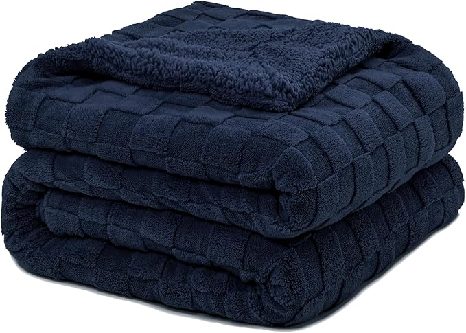 Pawque Super Soft Cozy Throw Blanket Twin Size for Couch Bed, Fluffy Sherpa Fleece Reversible Thick Warm Fuzzy Blanket for All-Season, 3D Checkered Jacquard Decorative Blankets, Navy Blue, 60" x 80"-Ruum Studio Home