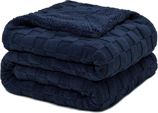 Pawque Super Soft Cozy Throw Blanket Twin Size for Couch Bed, Fluffy Sherpa Fleece Reversible Thick Warm Fuzzy Blanket for All-Season, 3D Checkered Jacquard Decorative Blankets, Navy Blue, 60" x 80"-Ruum Studio Home