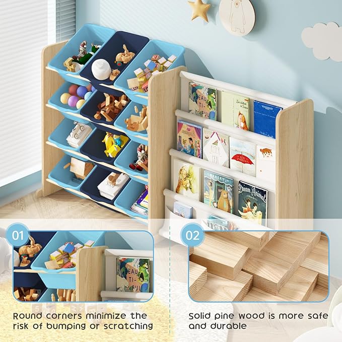 Kids Toy Storage Organizer - Toy Storage with Kids Bookshelf, Toy Organizer with 12 Blue Bins and 4 Book Shelves, Toy Organizers and Storage for Playroom, Nursery, Kids Room, Burlywood-Ruum Studio Home