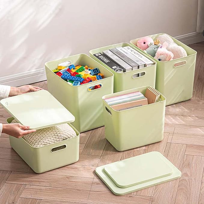 5 pack large plastic White storage bins Baskets, Toy Box Chest with Lids and Handle，Organizer Containers for Baby，Kids,snacks,Nursery，Shelves，Playroom, Bedroom，Office,Closet，home-Ruum Studio Home