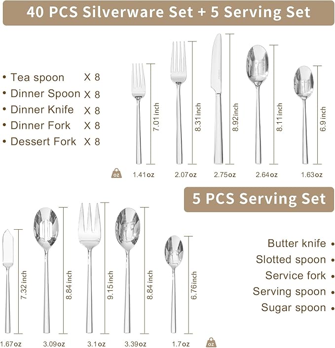 KINGSTONE Silverware Set with Serving Utensils, 45-Piece Forged Flatware Set Cutlery Set Premium Stainless Steel, Service for 8, for Kitchen, Home, Wedding, Party, Mirror Polished and Dishwasher Safe-Ruum Studio Home