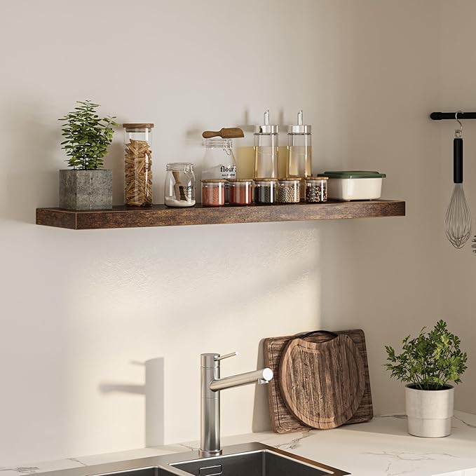 Floating Shelves for Wall, 48"W x 9.3"D x 1.5"H, Wooden Wall Mounted Display Shelf with Invisible Brackets for Living Room, Bedroom, Bathroom, Kitchen Decor and Storage, Set of 1, Rustic Brown-Ruum Studio Home
