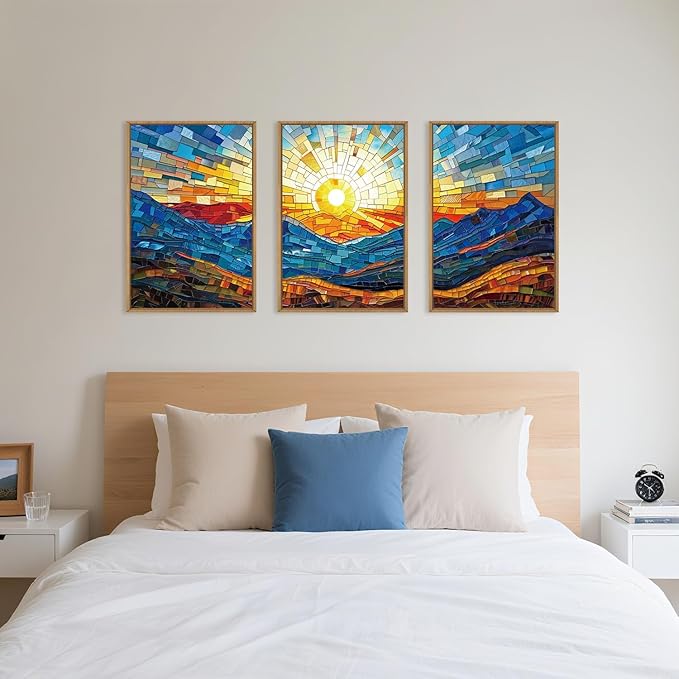 Mountains Framed Canvas Wall Art Set, Modern Abstract Art Painting, Irregular Square Ridge Wall Decor, Sunrise Art Print for Living Room, Bathroom, Bedroom, Office - 16"x24"x3-Ruum Studio Home