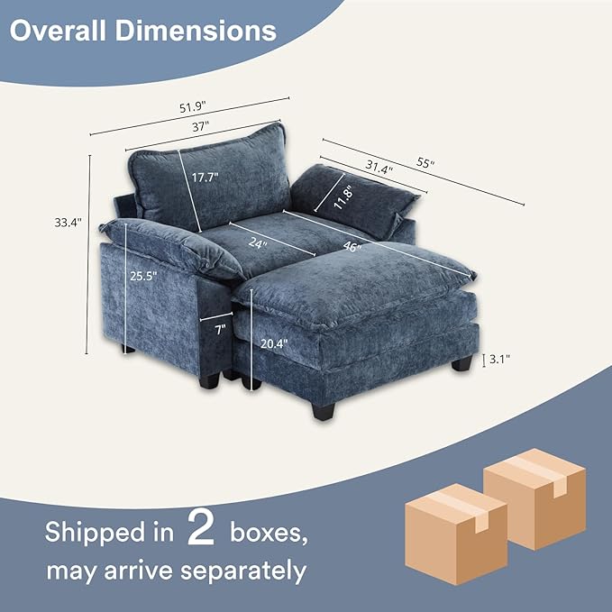 Karl home Oversized Accent Chair Chenille Sofa with Chaise, Modern Sofa Chair with Removable Ottoman Modular 1-Seater Couch and 2-Layer Ottoman for Living Room, Apartment, Studio, Dusty-Blue-Ruum Studio Home