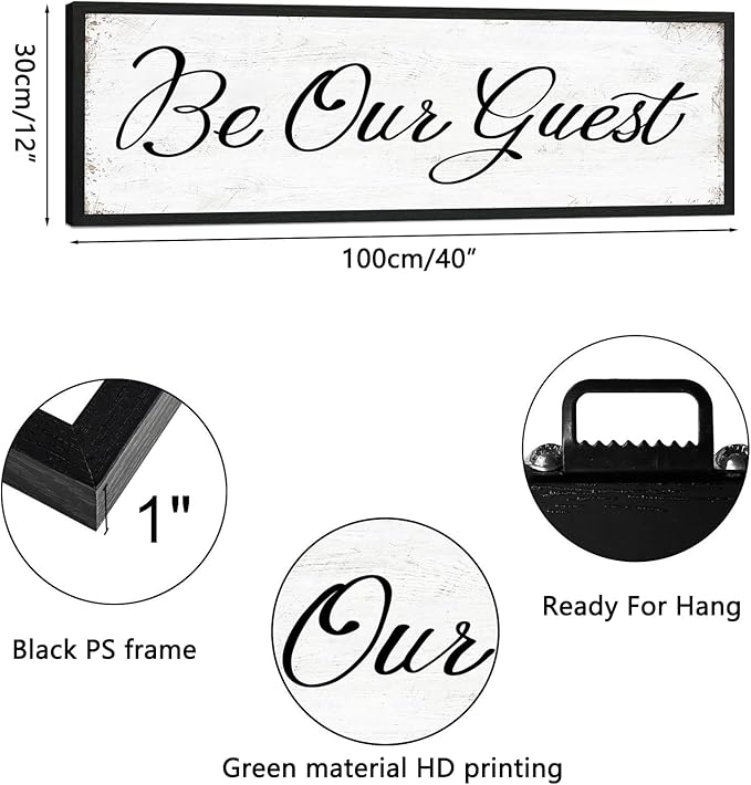 HLJ ART Be Our Guest Wall Decor: Farmhouse Bedroom Art Above Bed, 12" x 40" Framed Large Guest Room Signs, Rustic Country Decorative Plaques for Home Living Room Kitchen-Ruum Studio Home