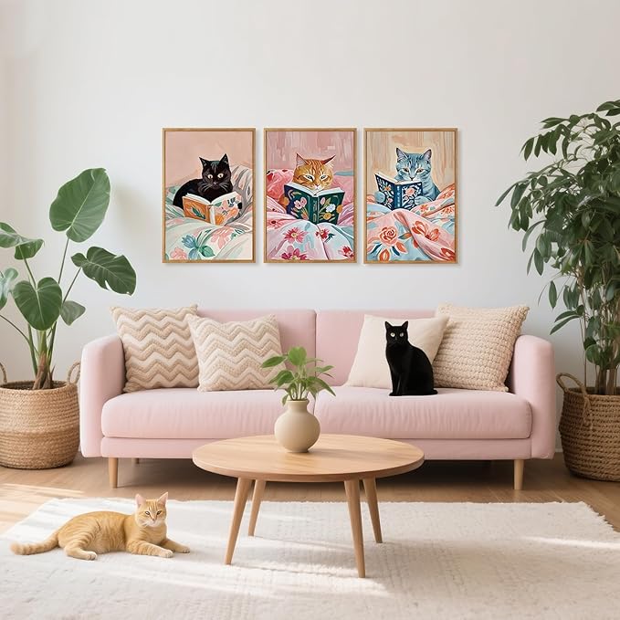 HPNIUB Framed Vintage Black Cats Canvas Wall Art, Funny Animal Reading Books Poster Printing Pictures, Pink Cute Cat Lovers Wall Decor for Girls Room Bedroom Kids Room Living Room Classroom- 24 x36 x3-Ruum Studio Home