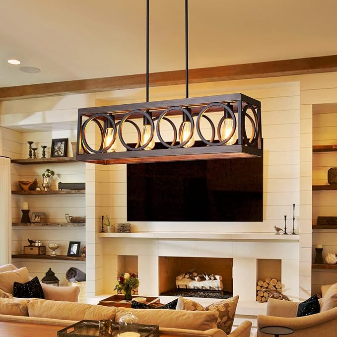XINGQI Black Kitchen Island Light Fixtures, Farmhouse Dining Room Chandelier Rectangular Linear Chandeliers Pendant Ceiling Light Fixture for Bar Office Coffee Shop 4-Light Wood Grain-Ruum Studio Home
